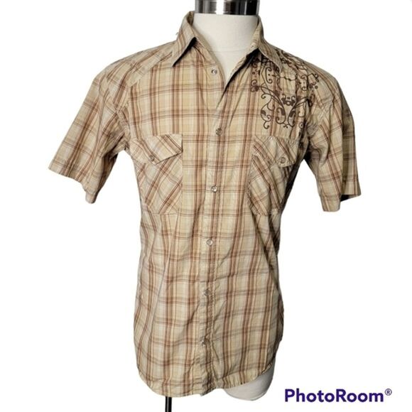 Demand Western brown plaid short sleeves shirt Size M button up casual - Picture 3 of 6